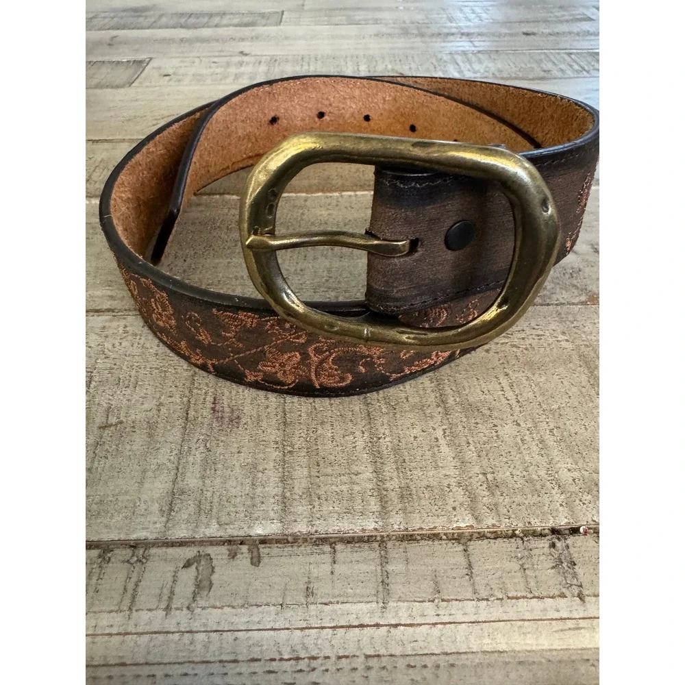 Genuine Leather Floral Embroidered Western‎ Belt Brown Bronze Buckle Size S boho
